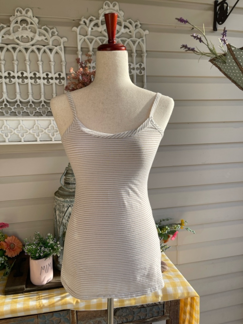 BKE Cream Cami With Thin Gold Stripes